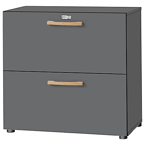 Grey cabinet with two drawers and wooden handles. Smaller handle on top. Standing on feet.