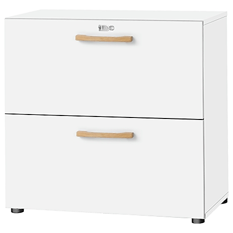 White filing cabinet with two drawers and wooden handles. There is a keyhole on the top drawer.
