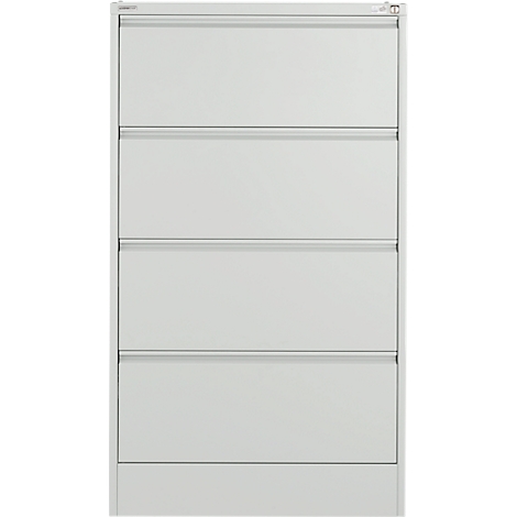 Grey filing cabinet with four drawers. Clean lines and a simple design.