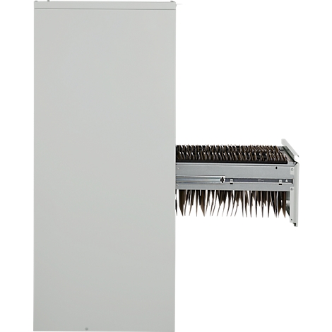 Open drawer of a grey cabinet with numerous felt-like elements.