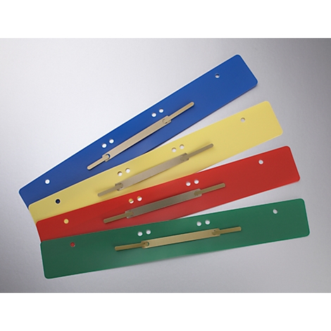 Colored binder strips in blue, yellow, red and green with metal clips.