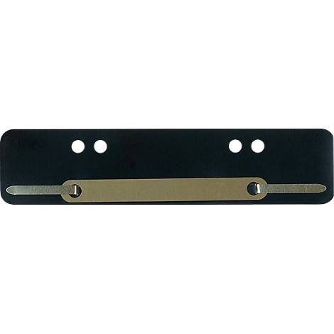 Black metal piece with two holes and a golden middle section attached with metal pins.