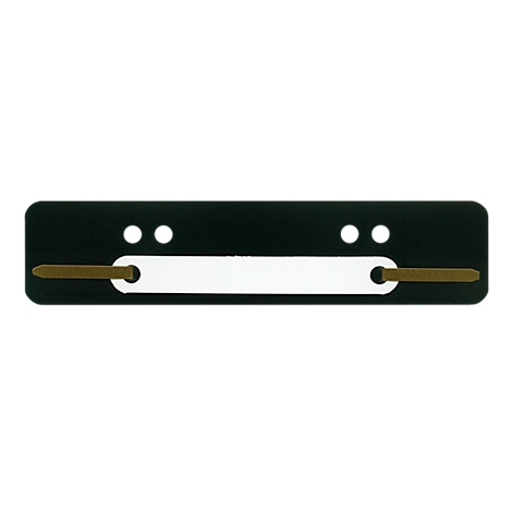 Black label with white inscription area, two pairs of holes and brown clips.