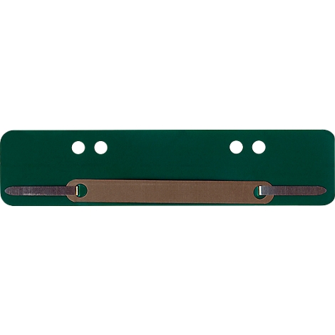 Green card with brown clasp and two white holes on each side.