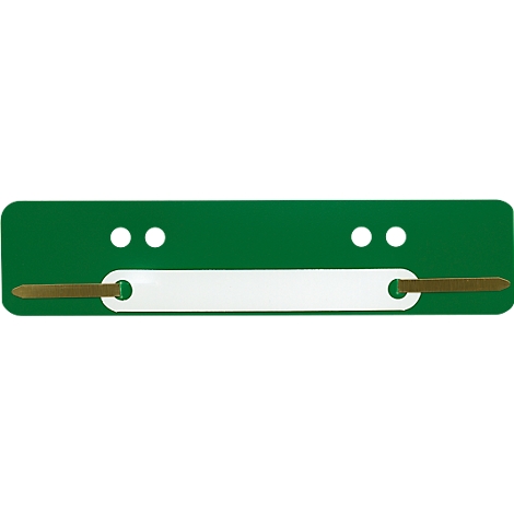 Green folder with white labeling area and golden metal tongues.