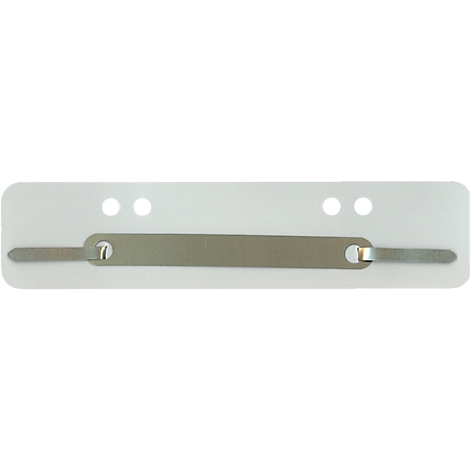 Flat, white plastic with two metal strips, three holes and two metal rivets.