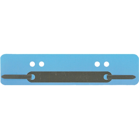 A metal clasp lies on a light blue background. There are two holes at the top, and two small, round holes on the left and right.