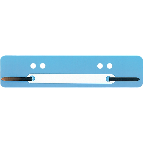 Blue binder, white tab with holes, black and brown ends.