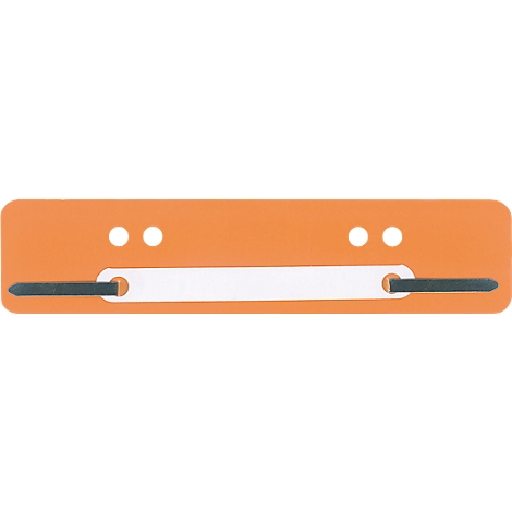 Orange index card with white circles and stripe with black pens.