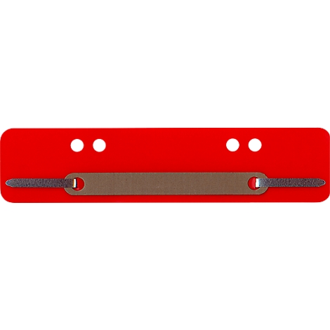 Red plastic part with a brown stripe and metallic ends. Two white holes at the top.