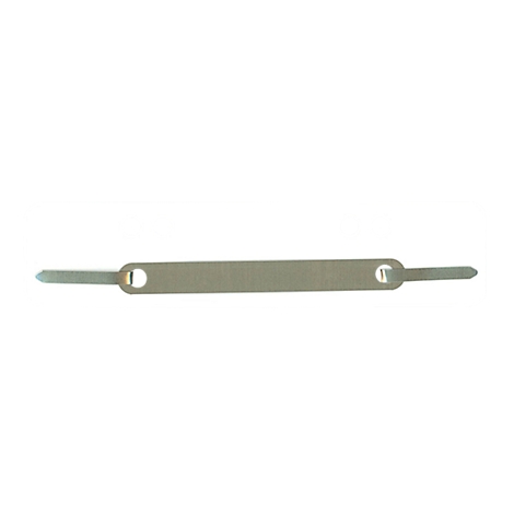 Metal binding strip against a white background. It has a pointed and round part with a hole at both ends.