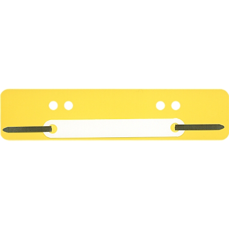 Yellow paper. Two white holes, a white rectangular recess. Black rods on both ends.