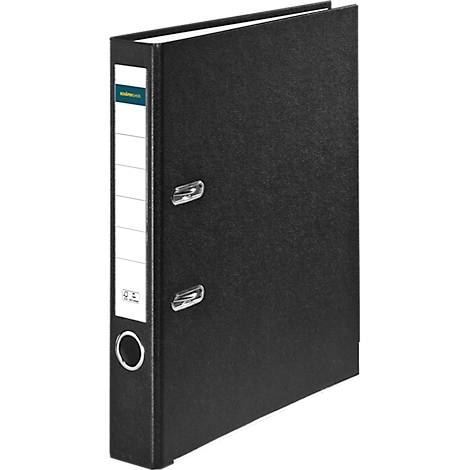 Black binder with white label and metal fittings. The binder is slightly slanted.