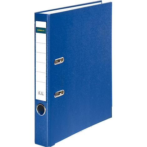 Blue binder with white spine and silver details. The paper inside is white.