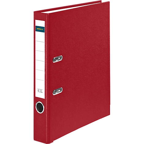 A red binder stands slightly inclined. It has a white spine with lettering, a metal lever and a hole.