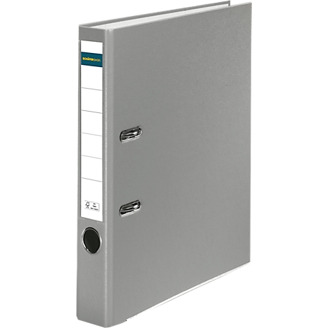 Gray binder with a blank label. The brand logo is visible. On the left there is a hole for the fingers and two metal rings to open it.