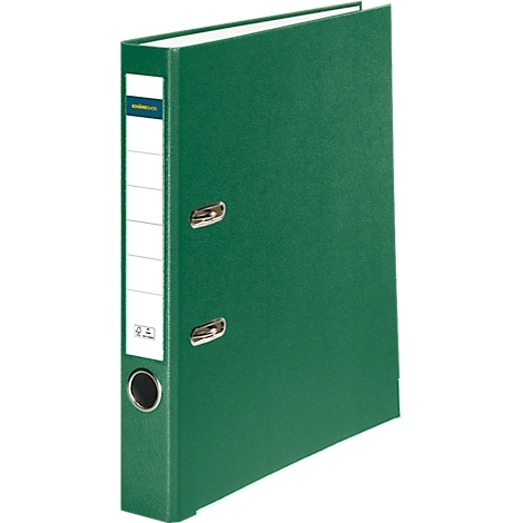Green binder slightly open. A white label with a blue stripe and writing on the spine.