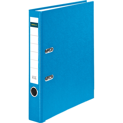 Blue file folder with a white spine label and metal mechanism.