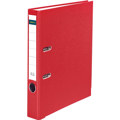 Red folder with white label. White lines on the back.
