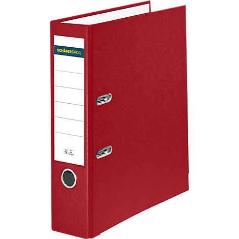 Red binder with white label field and lettering. The binder is slightly open.