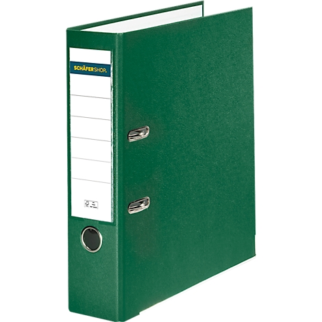 Green binder with white label for lettering. Text: SCHÄFER SHOP. Metal lever mechanism.