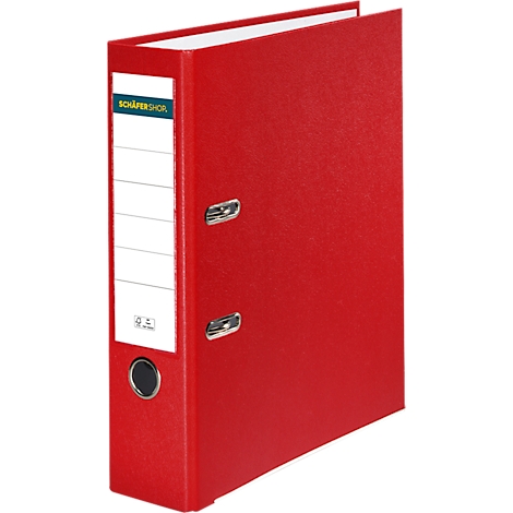 Red file folder with white spine label. The label says "SCHÄFERSHOP".
