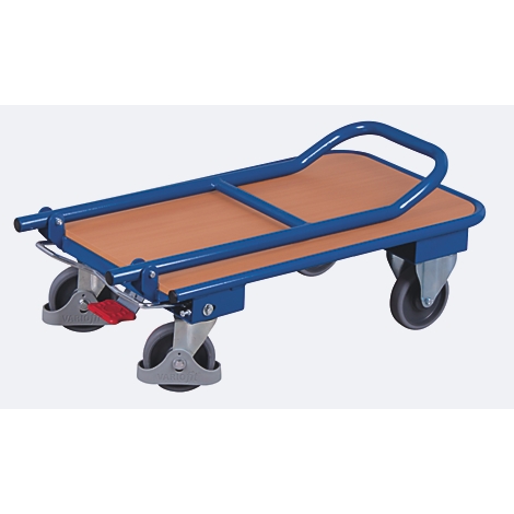 A blue trolley with wooden top and handle; four gray wheels.