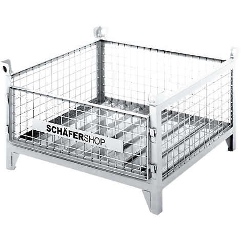 Een lege, rechthoekige draadmand. Op een bord staat "SCHÄFERSHOP". De mand staat op poten.