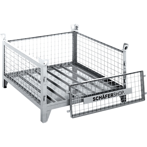 Metalen draadgaascontainer, open voorkant, met opschrift.