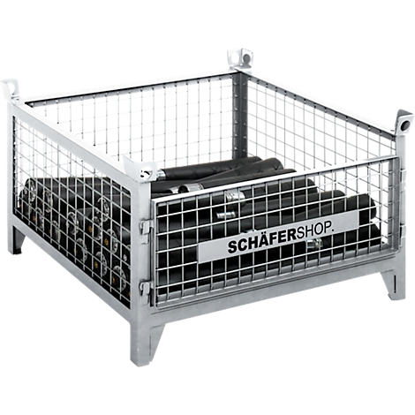 Gaasbox met zwarte rollen. Op een bord staat 'SCHÄFERSHOP'.