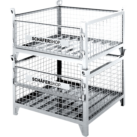 Gestapelde metalen gaas mand met "SCHÄFERSHOP" logo. Bovenste niveau leeg, onderste met metalen basis.
