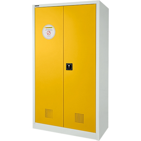 Gelb-weißes Stahlschränkchen mit Doppeltüren, rundem Warnsymbol und schwarzem Griff.