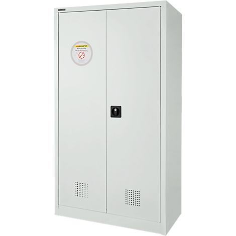 Weißer Schrank mit zwei Türen, rundem Warnhinweis, schwarzem Knauf und Lüftungslöchern.