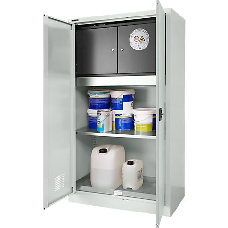 Offener, grauer Schrank mit verschiedenen Farbtöpfen und Kanistern. Oben ein schwarzes Fach, gekennzeichnet mit Warnsymbolen.