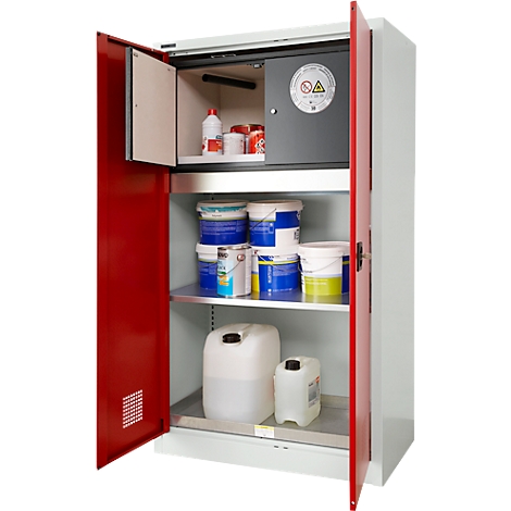 Offener Sicherheitsschrank mit roter Tür. Im Inneren befinden sich Farbeimer, Behälter und eine Tresorbox.