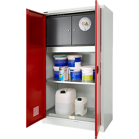 Ein offener, rot-weiß lackierter Schrank, gefüllt mit Farbeimern und Kanistern. Oben befindet sich ein schwarzer Schrank mit einem Warnschild.