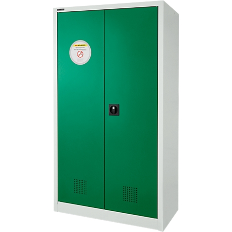 Ein grüner Stahlschrank mit zwei Türen. Ein rundes Warnschild ist an der Tür befestigt. Schwarzer Griff.