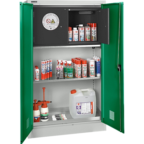 Grüner Schrank mit geöffneten Türen, gefüllt mit diversen Chemikalien und einem Warnschild.