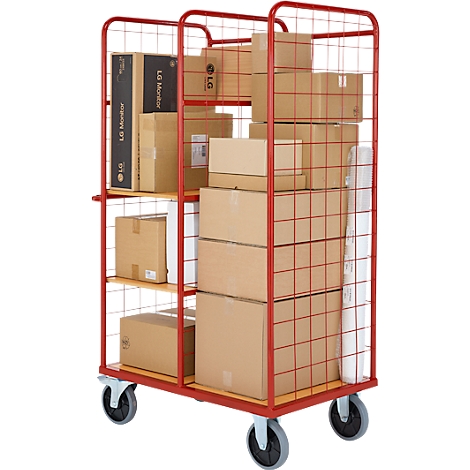 Transportwagen mit Kartons und Monitor. Roter Rahmen und Gitter, auf Rollen.