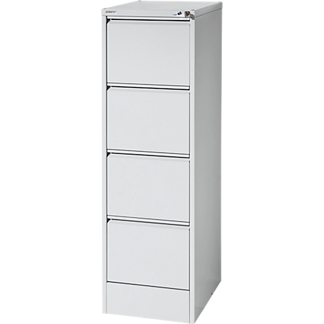 Ein weißer Aktenschrank mit vier Schubladen. Oben befindet sich ein Schloss.