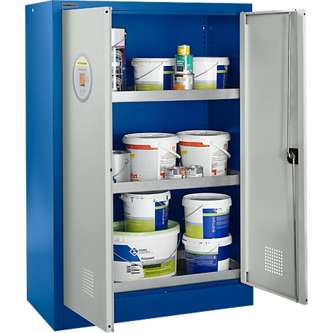 Open blue cabinet with shelves filled with paint buckets, containers and spray cans. The door is gray and has a yellow sticker.