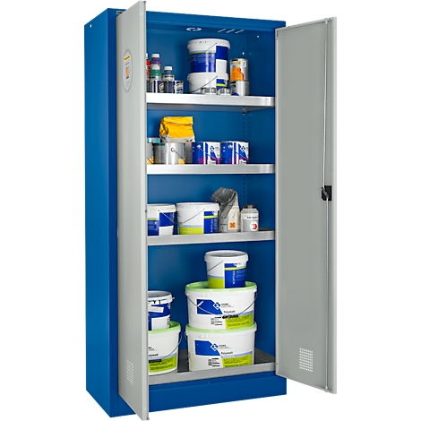 Blue cabinet, open, showing paint buckets, cans and accessories.