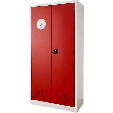 Red cabinet with two doors and a no-smoking symbol. White frame, black handle.