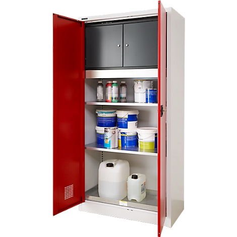Red, open cabinet filled with containers, cans and bottles of various sizes.