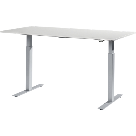 A white, height-adjustable desk with silver legs. The rectangle is attached to two feet on the left and right.