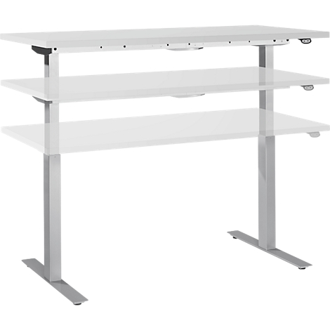 A height-adjustable desk in white and gray against a white background.