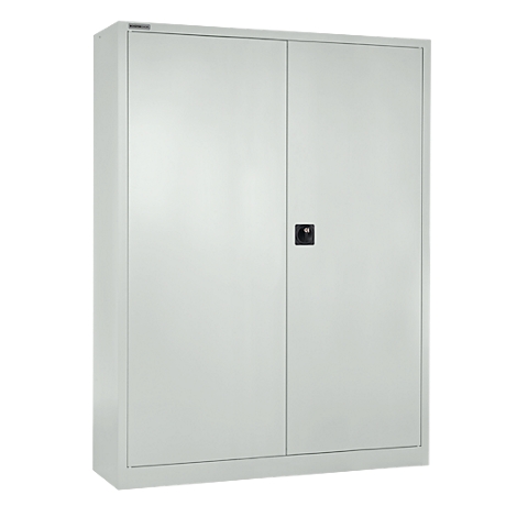 A gray metal cabinet with two doors and a black handle. The doors are closed, the image shows the front view.