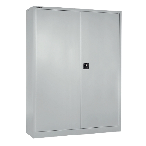 Grey steel cabinet with two doors and black handle, isolated.
