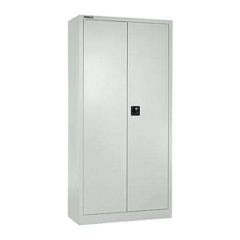 A grey steel cabinet with two doors, black handle, against a white background.
