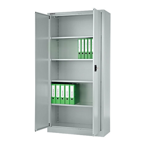 Grey filing cabinet with open doors. Green folders stand on the shelves. Metal cabinet against a white background.